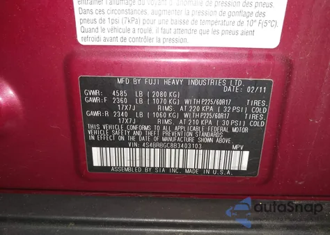 2011 Subaru Outback 2.5I Premium z USA, uszkodzony, nr VIN 4S4BRBGC8B3403103